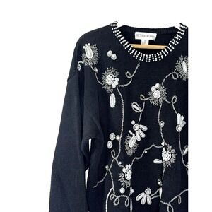 VTG Womans 2X Sweater Crew Embellished Beaded Pearls Floral Glam Jeweled 3D Knit